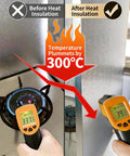 Heavy Duty Magnetic Heat Shield Mat Self Adhesive For Kitchen Setup showing temperature drop indicator on stove before and after insulation.