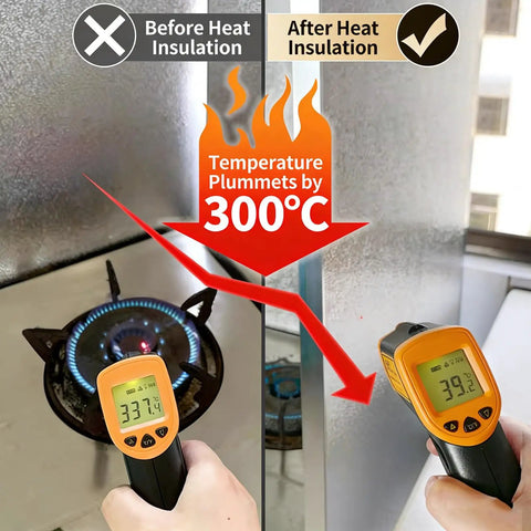 Heavy Duty Magnetic Heat Shield Mat Self Adhesive For Kitchen Setup showing temperature drop indicator on stove before and after insulation.