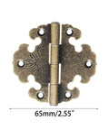 Vintage Round Flower Hinge Kit For Jewelry Boxes And Small Cabinets Rock Solid Zinc Alloy Build Top Shelf Antiqued Finish decorative hardware close-up with measurements.