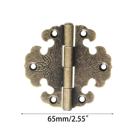 Vintage Round Flower Hinge Kit For Jewelry Boxes And Small Cabinets Rock Solid Zinc Alloy Build Top Shelf Antiqued Finish decorative hardware close-up with measurements.