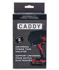 Front view of Caddy Universal Drill Holder And Power Tool Organizer Wall Mount Rack packaging for cordless drills