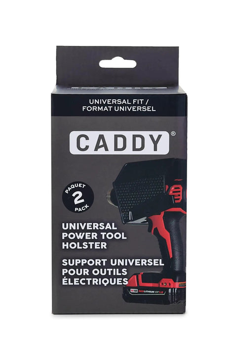 Front view of Caddy Universal Drill Holder And Power Tool Organizer Wall Mount Rack packaging for cordless drills
