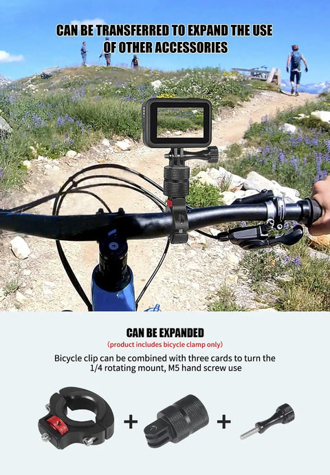 Motorcycle Handlebar Clip Mount With One Quarter Inch Screw for GoPro Cameras on bicycle handlebar in scenic landscape