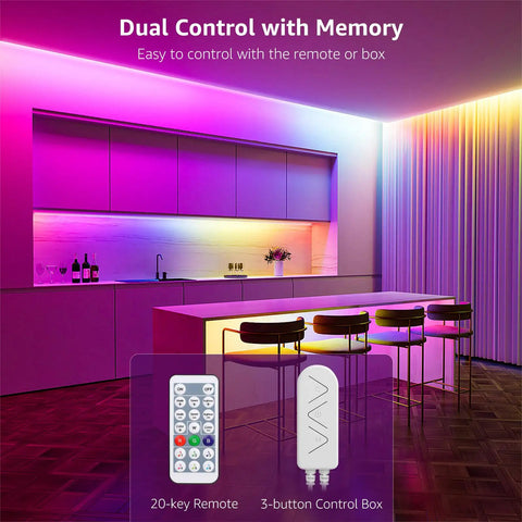 DreamColor LED Strip Lights 16.4ft Music Sync RGB 5050 LED Tape with Remote in modern kitchen with rainbow lighting