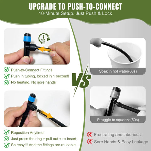Expandable DIY Drip Irrigation Kit upgrade with push to connect fittings, highlighting easy installation in 10 minutes.