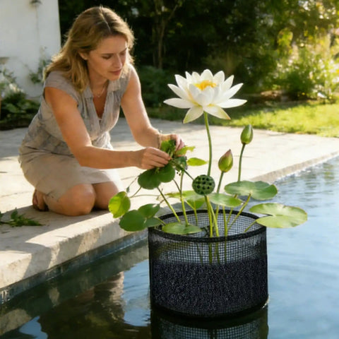 Woman tending a lily in a 4 Pack Foldable Pond Plant Bags For Hyacinths And Lilies, No Fuss Reusable Aquarium Vegetation Baskets.