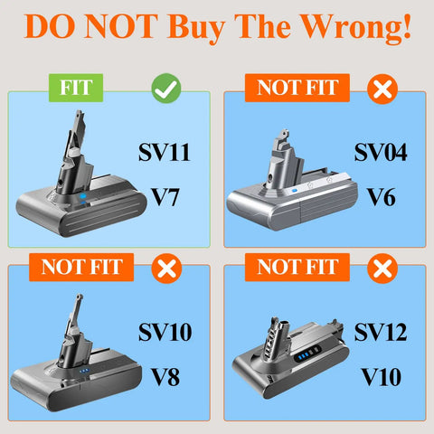 Rock Solid 10000mAh Replacement Battery For Dyson V7 Cordless Vacuum Sv11 fit guide showing compatible and incompatible models.