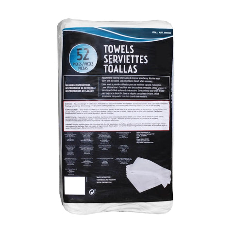 All Cotton Heavyweight Ring Spun Terry Towels White 14 By 17 Inches 52 Count Bulk Pack in packaging view for cleaning.
