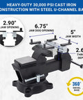 Heavy-duty 30,000 PSI cast iron 5 inch workbench vise with 2.90" jaw opening and 360° swivel base.
