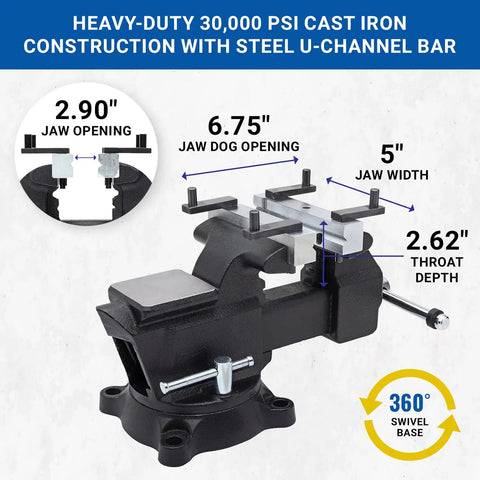 Heavy-duty 30,000 PSI cast iron 5 inch workbench vise with 2.90" jaw opening and 360° swivel base.