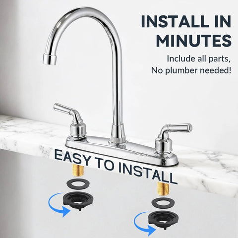 Heavy Duty All Metal RV Kitchen Faucet With Chrome Finish Zero Leak Drama Smooth Water Flow Anti Splash Handle Built Tough For Camper Rig And Road Trip on a marble countertop with easy installation features.