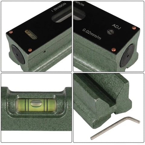 Machinist For Spirit Level, 0.02mm Steel Level For Machine Tool Alignment, close-up of green steel level with bubble indicator.