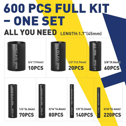 Heavy Duty Heat Shrink Tubing Kit With Seven Sizes From 3/32 To 3/4 Inch, 600 Pieces And 87.5 Feet Total, labeled sizes displayed