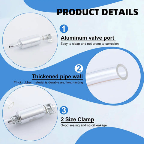 Four Pack Brake Bleeder Hose Kit With One Way Check Valves, aluminum valve port, thickened pipe wall, 2 size clamp details