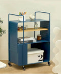 Blue storage trolley on M8x25mm swivel casters set four bearings 240kg capacity PU wheels, showcasing easy mobility and functionality.