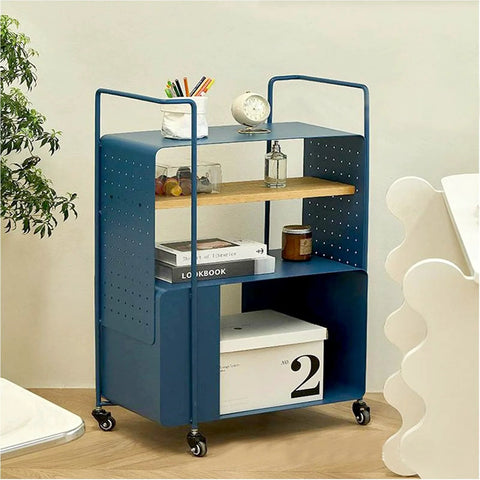 Blue storage trolley on M8x25mm swivel casters set four bearings 240kg capacity PU wheels, showcasing easy mobility and functionality.