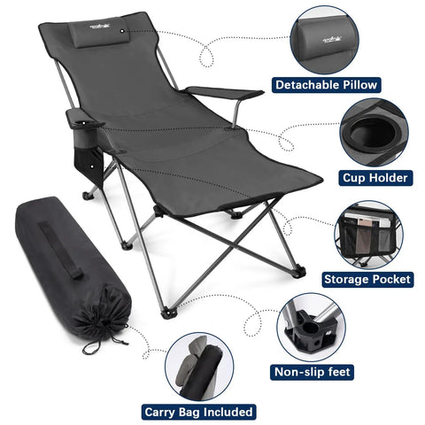 Comfy Reclining Beach Chair With Adjustable Backrest From Ninety To One Hundred Thirty Five Degrees, foot rest, pillow, six legs, gray