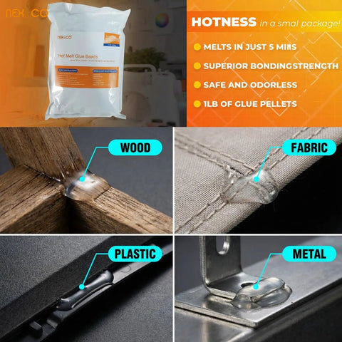 Straight Up General Purpose Hot Melt Glue Beads For Crafting 1 Pound Bag, clear adhesive bonding various materials like wood, fabric, plastic, and metal.