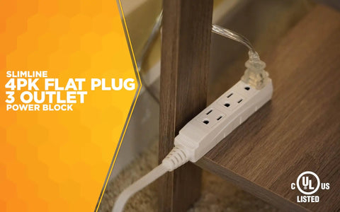 Angled Flat Plug Extension Cord With SlimLine Design And 3 Grounded Outlets plugged in behind furniture