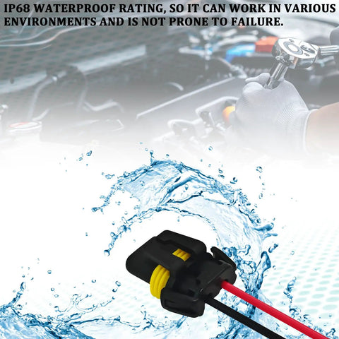 Headlight Wiring Harness Kit For 9005 9006 9012 HB3 HB4 with waterproof connector and water splash background