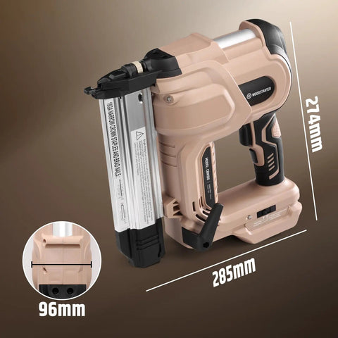 Real Badass Cordless 2 In 1 Brad Nailer And Stapler 18 Gauge shown with dimensions, showcasing lightweight and ergonomic design.