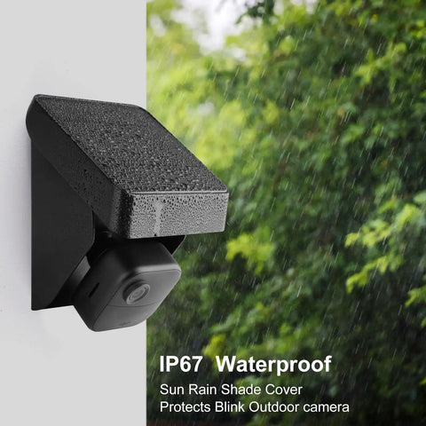 Solar Panel Charging Mount For Blink Outdoor 4th Gen And XT3 XT2 Cameras IP67 Weatherproof with rain cover attached to wall.