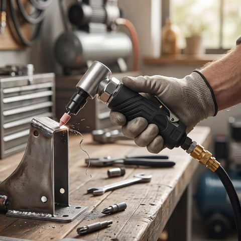 Heavy Duty Pneumatic Air Angle Die Grinder 12000 RPM in use on metal, showcasing right angle design and smooth grip handle.