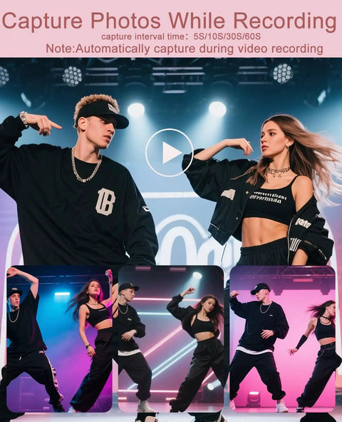 Dancers performing in stylish outfits with pulsating neon lights, demonstrating features of the 5K 75MP Autofocus Vlogging Camera.
