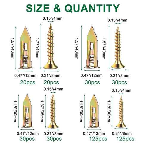 410 Pcs Self Drilling Drywall Anchors Kit With Two Anchor Sizes And Four Screw Sizes Including 155 Pcs 12x30 Mm Anchors, 50 Pcs 12x40 Mm Anchors, 205 Zinc Screws And A 50 Mm Cross Groove Drill Bit For Easy No Drill Wall Mounting size and quantity chart