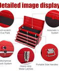 4-Drawer Heavy Duty Metal Tool Chest With Ball Bearing Slides showing EVA liners, lock system, and metal latches.