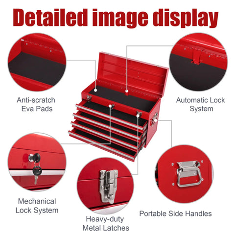4-Drawer Heavy Duty Metal Tool Chest With Ball Bearing Slides showing EVA liners, lock system, and metal latches.