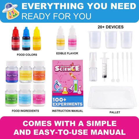 Girls Science Kit For Kids Ages 4 8 6 8 8 10 With 100 Plus Fun Educational Experiments, food colors and tools displayed