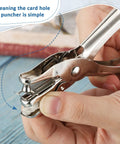 Close-up of handheld metal circle hole punch from Set Of 36 Circle Hole Punches, 1 Hole Punch, 5 Sheet Capacity, for paper crafts.