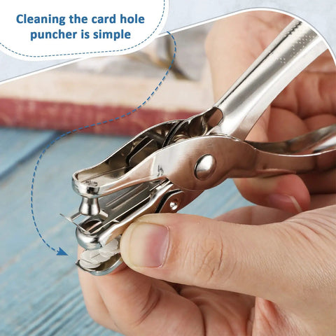 Close-up of handheld metal circle hole punch from Set Of 36 Circle Hole Punches, 1 Hole Punch, 5 Sheet Capacity, for paper crafts.
