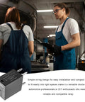Mechanics discussing Two Pack 12V Car AC Relay 40A 4 Pin Quick Connect High Power Auto Relay in garage with focus on product.