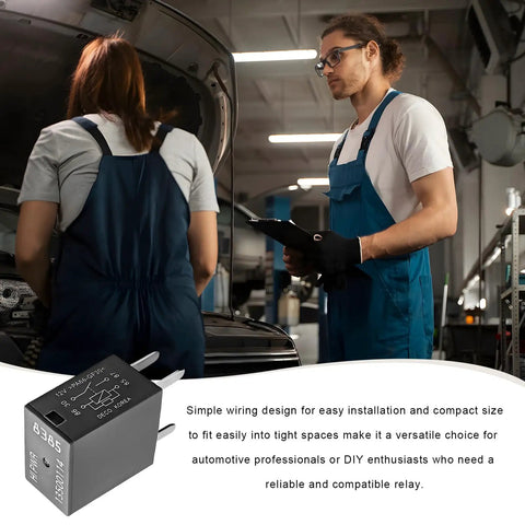 Mechanics discussing Two Pack 12V Car AC Relay 40A 4 Pin Quick Connect High Power Auto Relay in garage with focus on product.