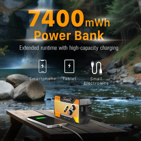 NOAA Emergency Weather Radio With 7400mWh Power Bank AM FM USB Solar Hand Crank Charging Battery Operated Survival Radio by a river