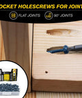Eight By Two And A Half Inch Pocket Hole Screws, 150 Pieces, Carbon Steel, in wood joinery use with storage case