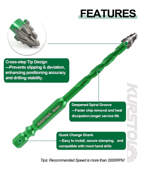 KURSTOL 10-piece serrated masonry drill bit set, green-coated twist bits with cross-step tip, sizes 1/4–1/2 in