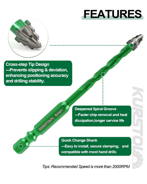 Straight Up Pro Grade 12 Piece Drill Bit Set With Quick Fit Hex Shank And Ph2 Screwdriver features highlighting cross-step tip design.