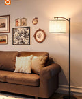 Floor Lamp With 3 Color Temperatures 3000K 4500K 6500K, Linen Lampshade, 9W LED Bulb Included, Black Base Beige Shade next to sofa