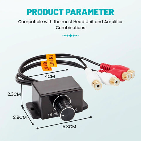Universal Car Amplifier RCA Level Controller With Dope Bass Control Knob And Sub Amp Volume Cable dimensions.
