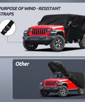 Jeep Wrangler 4 Door Cab Cover 2007-2025 JK JL All Weather Waterproof Cabin Coverage With Driver Door Zipper shown on red Jeep.