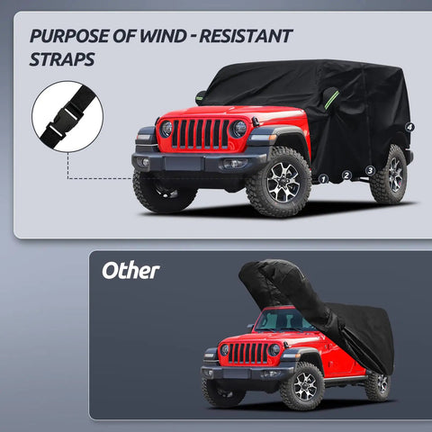 Jeep Wrangler 4 Door Cab Cover 2007-2025 JK JL All Weather Waterproof Cabin Coverage With Driver Door Zipper shown on red Jeep.