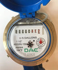 Close-up view of the 1-1/2 Inch Water Meter With Pulse Output For Gallon Measurement Inline Horizontal Flow Meter Kit face with couplings