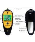 Backlit LCD Electric Fence Voltage Tester With Fault Finder, detailed front and back view showing various features.