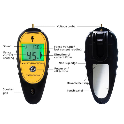 Backlit LCD Electric Fence Voltage Tester With Fault Finder, detailed front and back view showing various features.