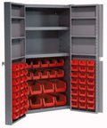Open view of Deep Door Bin Cabinet With 68 Red Plastic Bins Padlockable Steel Cabinet For Tool And Parts Storage
