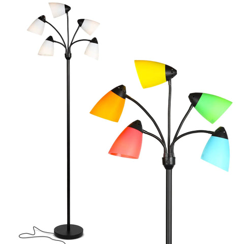 Five Head LED Floor Lamp With Dimmable 4000 Lumens, black standing light with interchangeable colorful and white shades