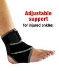 Two Strap Adjustable Ankle Support With Moderate Compression For Pain Relief And Injury Recovery, All Day Comfort So You Stay Active, Fits Left Or Right Ankle, One Size, Black on left ankle